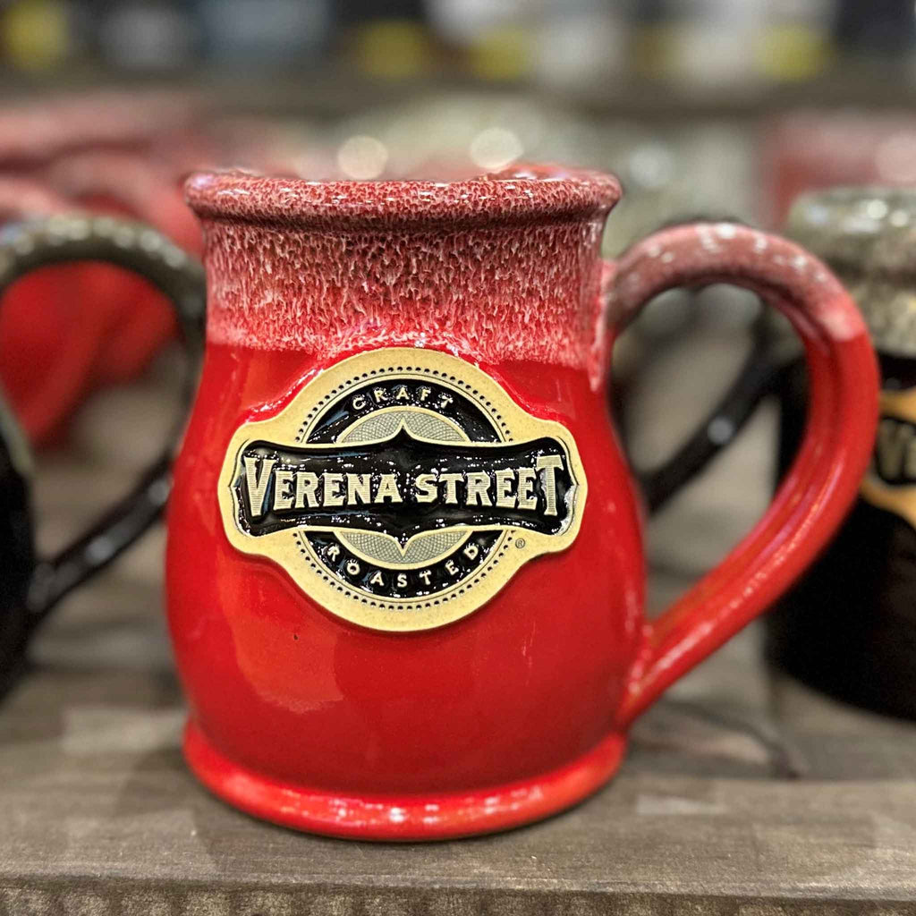 Deneen Pottery merchandise Red w/Black White Glaze 14oz + Tall Belly Pottery Mug, Red with Black and White Glaze